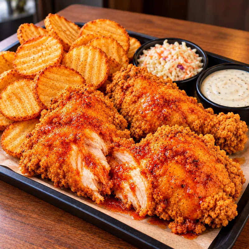 Albeek spicy fried chicken with potatoes and dips