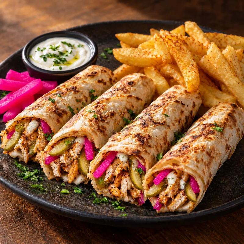 Albeek mixed shawarma fingers with chips and sauces