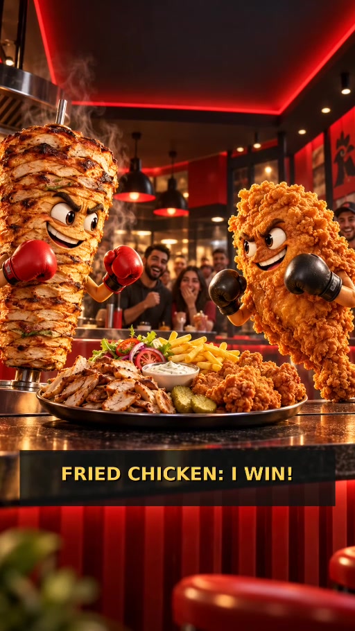 Cartoon shawarma and crispy chicken facing off at Albeek