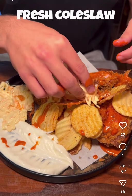 Injected crispy chicken with fresh ridged potatoes, coleslaw and garlic sauce
